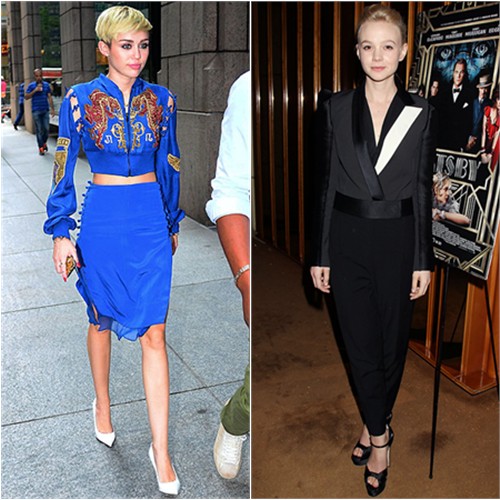 Miley's top and skirt by Emilio Pucci, shoes by C line; Carey's tuxedo by Lanvin, shoes by Brian Atwood