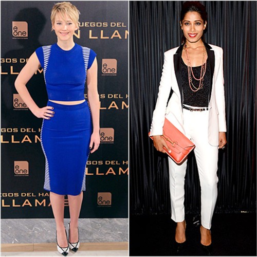 Jennifer's top and skirt by Alexander McQueen, shoes by Jimmy Choo; Freida's suit  and purse by Gucci