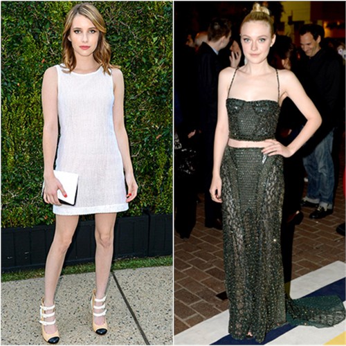 Emma's dress and purse by Chanel; Dakota's top and skirt by Atelier Versace