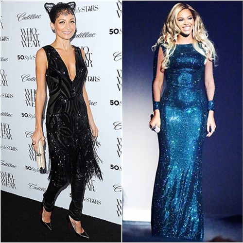 Nicole's dress by Dilek Hanif, leggings by Robin's, cat ears by Maison Michel, purse by House of Harlow, shoes by Christian Louboutin; Beyoncé's gown by Vrettos Vrettakos