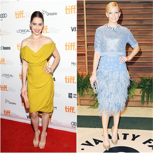 Emilia's dress by Vivienne Westwood, purse and shoes by Charlotte Olympia; Elizabeth's top and skirt by Jenny Packham, purse by Jimmy Choo, shoes by Casadei