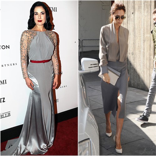 Dita's gown by Jenny Packham; Victoria's top, skirt, sunglasses and purse by Victoria Beckham, shoes by Casadei