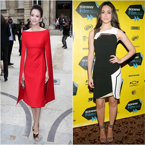 Zhang's dress by Valentino, shoes by Christian Louboutin; Emmy's dress by  Andrew Gn, shoes by Brian Atwood