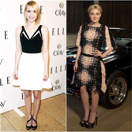 Emma's dress by Cushnie et Ochs, shoes by Christian Louboutin; Dakota's dress by Chanel, shoes by Brian Atwood
