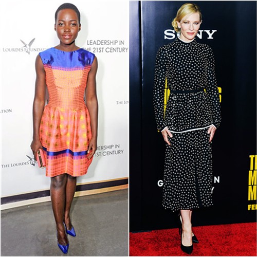 Lupita's dress by Vivienne Westwood, purse by Salvatore Ferragamo, shoes by Christian Louboutin; Cate's dress by Proenza Schouler, shoes by Giuseppe Zanotti