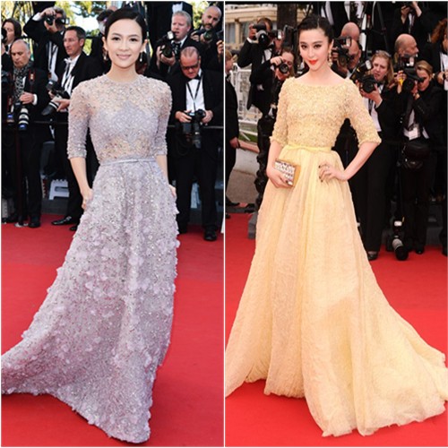 Zhang's gown by Elie Saab; Fan's gown and purse by Elie Saab