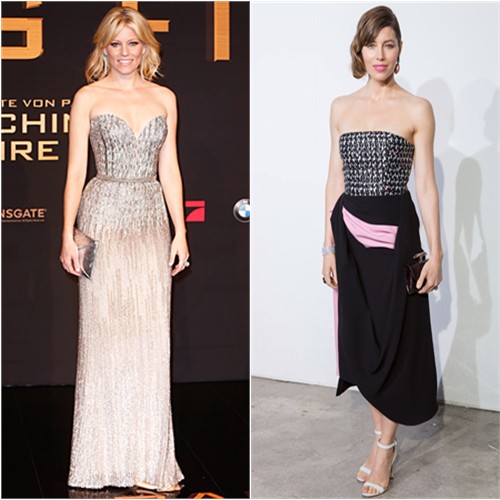Elizabeth's gown by Elie Saab, purse by Kara Ross; Jessica's top and skirt by Christian Dior