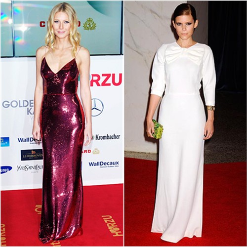 Gwyneth's gown by Prada; Kate's gown, purse, and shoes by Prada