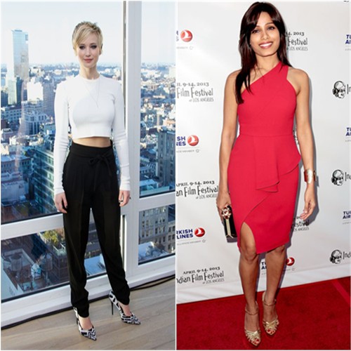 Jennifer's top and pants by Marc Jacobs; Freida's dress by Rachel Roy, purse by Thal Blanc, shoes by Charlotte Olympia