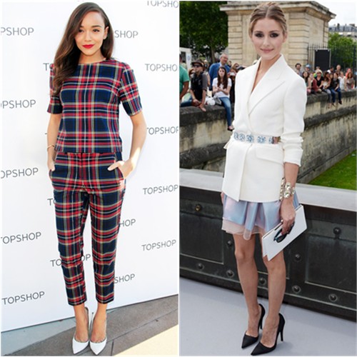 Ashley's top and pants by Topshop, shoes by Jimmy Choo; Olivia's jacket, skirt, purse, and shoes by Christian Dior