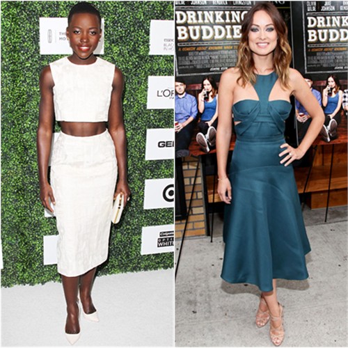 Lupita's top and skirt by Giambattista Valli, purse by Elie Saab, shoes by Sophia Webster; Olivia's dress by J. Mendel, shoes by Christian Louboutin