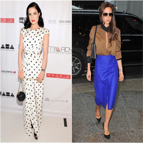 Dita's gown by Jenny Packham; Victoria's top, skirt, sunglasses, and purse by Victoria Beckham, shoes by Casadei