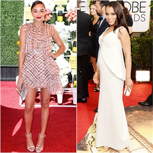 Ashley's dress by Zimmermann, purse by Jimmy Choo, shoes by Giuseppe Zanotti; Kerry's gown and purse by Balenciaga