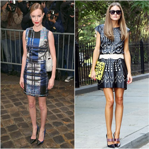 Kate's top, skirt, and shoes by Christian Dior; Olivia's dress by Catherine Malandrino, belt by BCBG Max Azria, shoes by Christian Dior