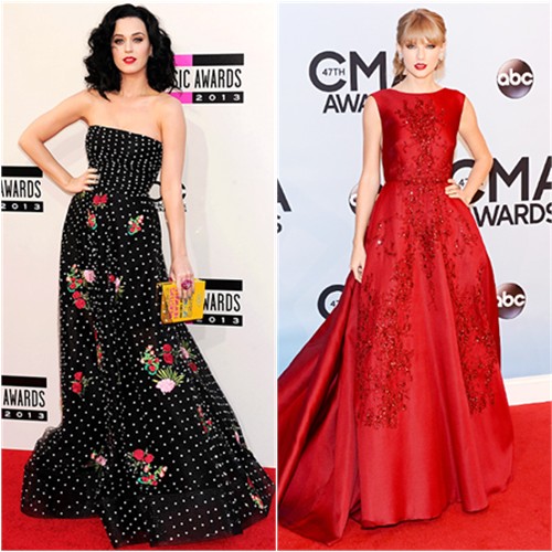 Katy's gown by Oscar de la Renta, purse by Olympia Le-Tan; Taylor's gown by Elie Saab