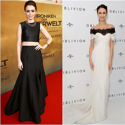 Lily's top by Paper London, skirt by Halston Heritage; Olga's gown by Marchesa, purse by Stark