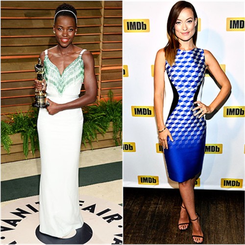 Lupita's gown by Miu Miu; Olivia's dress by Antonio Berardi, shoes by Stuart Weitzman