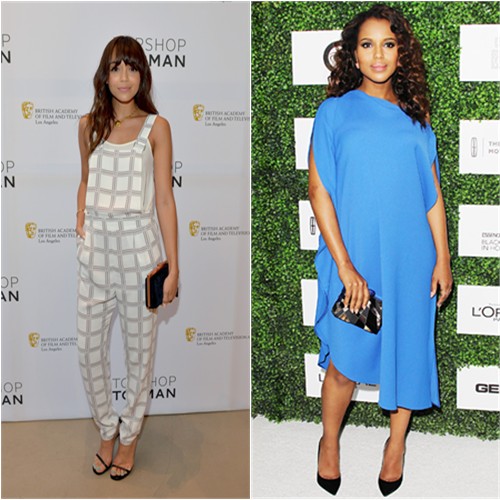 Ashley's jumpsuit by Topshop; Kerry's dress by Calvin Klein, purse by Emm Kuo, shoes by Jimmy Choo