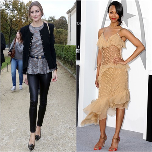 Olivia's jacket by Nina Ricci, top by Elie Saab, belt by Whistles, purse by Chlo, shoes by Gianvito Rossi; Zoe's dress by Rodarte, shoes by Oscar Tiye