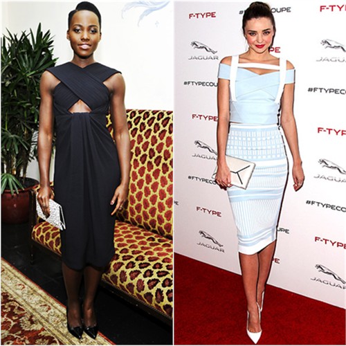 Lupita's dress, purse, and shoes by Proenza Schouler; Miranda's dress by David Koma, purse by Smythson, shoes by Christian Louboutin