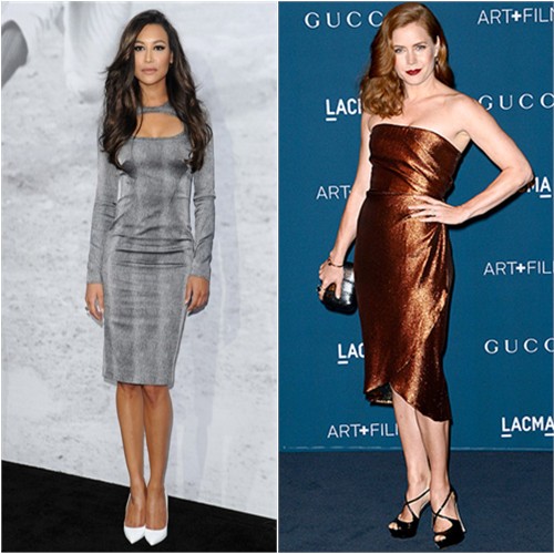 Naya's dress by Monique Lhuillier, shoes by Christian Louboutin; Amy's dress and shoes by Gucci