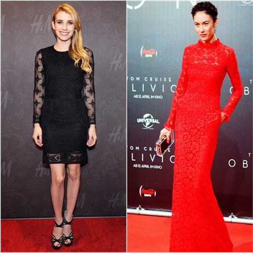 Emma's dress by Isabel Marant for H&M, shoes by Jimmy Choo; Olga's gown by Valentino, purse by Charlotte Olympia