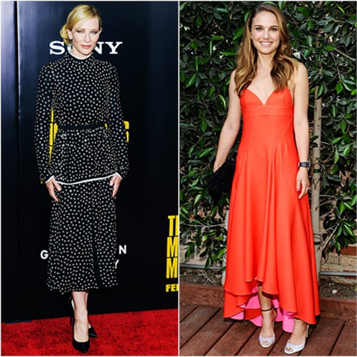Cate's dress by Proenza Schouler, shoes by Giuseppe Zanotti; Natalie's dress, purse, and shoes by Christian Dior