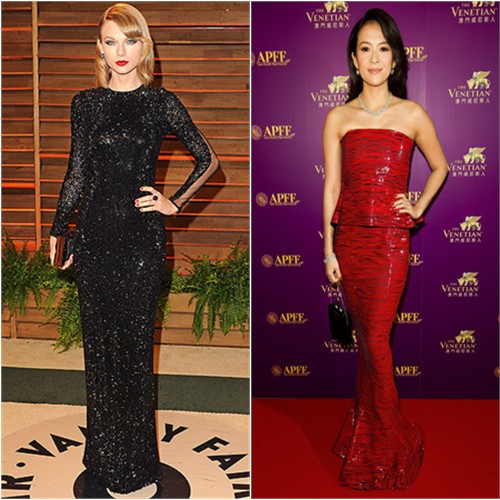 Taylor's gown by Julien Macdonald, purse by Emm Kuo; Zhang's gown by Armani Priv , purse by Charlotte Olympia
