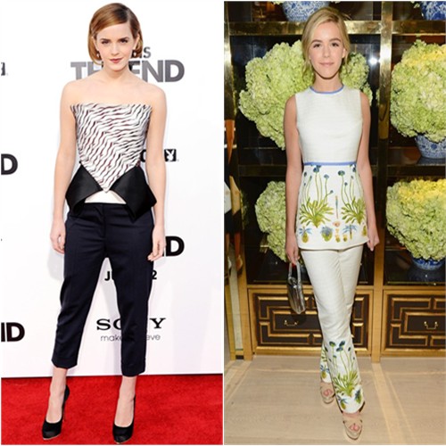 Emma's top by Roland Mouret, pants by 3.1 Phillip Lim, shoes by Salvatore Ferragamo; Kiernan's top, pants, and purse by Tory Burch