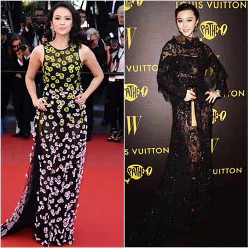 Zhang's gown by Christian Dior; Fan's gown by Elie Saab, purse by Louis Vuitton
