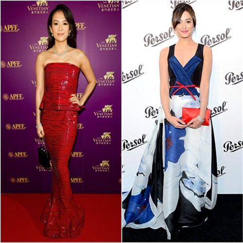 Zhang's gown by Armani Priv , purse by Charlotte Olympia; Emmy's gown and purse by Carolina Herrera