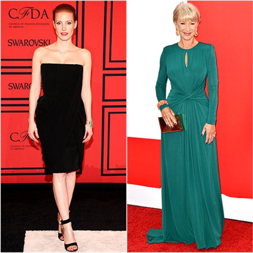 Jessica's dress and shoes by Givenchy; Helen's gown and purse by Elie Saab