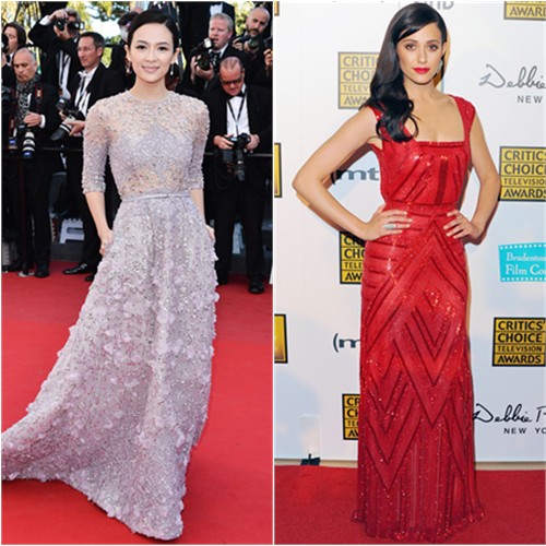 Zhang's gown by Elie Saab; Emmy's gown by Naeem Khan
