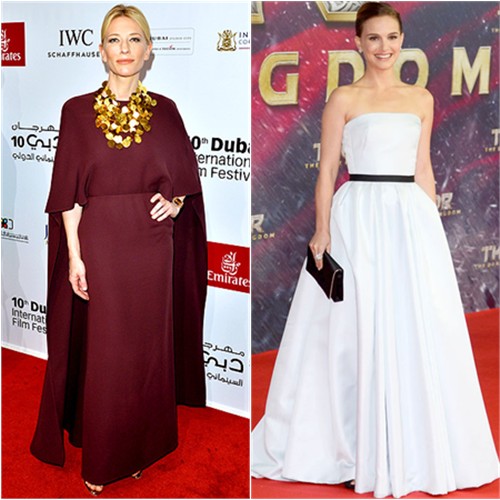 Cate's gown by Valentino, shoes by Christian Louboutin; Natalie's gown and purse by Christian Dior