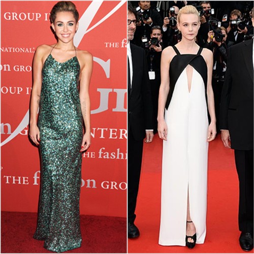 Miley's gown by Marc Jacobs; Carey's gown by Vionnet, shoes by Brian Atwood