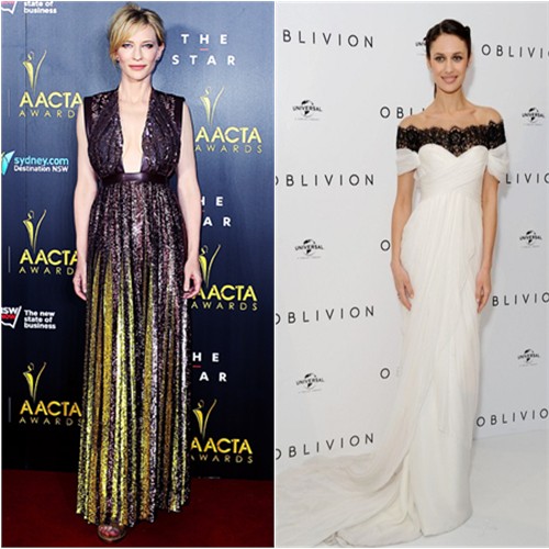 Cate's gown by Givenchy; Olga's gown by Marchesa, purse by Stark