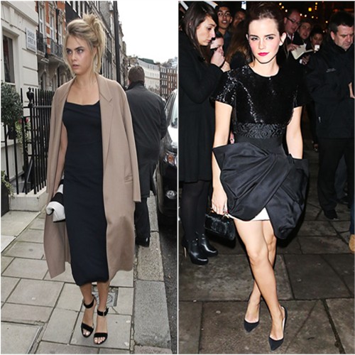 Cara's coat, dress, and purse by Burberry; Emma's dress by Giambattista Valli, purse by M2Malletier, shoes by Christian Louboutin