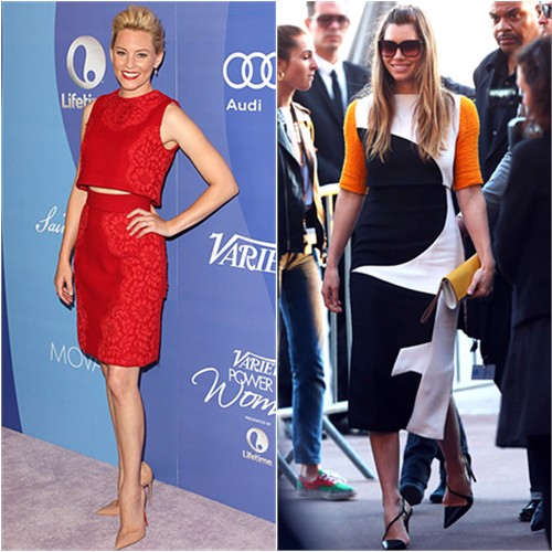 Elizabeth's top and skirt by Dolce & Gabbana, shoes by Christian Louboutin; Jessica's dress by Roksanda Ilincic, purse by Fendi, shoes by Christian Louboutin