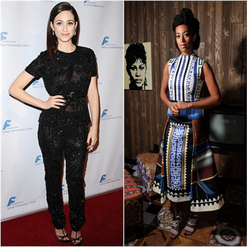 Emmy's top and pants by Naeem Khan, shoes by Jimmy Choo; Solange's dress by Mary Katrantzou, shoes by Sophia Webster