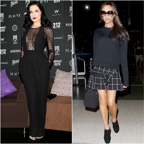 Dita's jumpsuit by Gucci, shoes by Christian Louboutin; Victoria's skirt by Isabel Marant, purse by Victoria Beckham, shoes by Giuseppe Zanotti