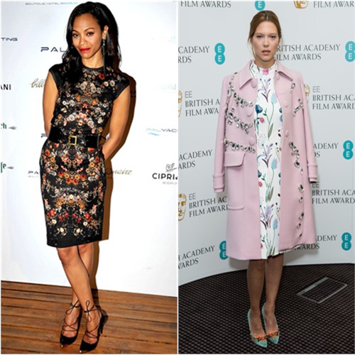 Zoe's dress and shoes by Alexander McQueen; Léa's coat by Prada, dress and shoes by Miu Miu