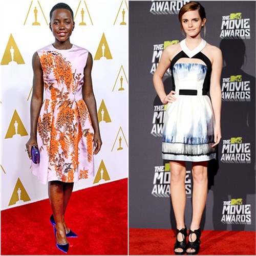 Lupita's dress by Christian Dior, purse by Judith Leiber, shoes by Paul Andrew; Emma's dress by Maxime Simoens, shoes by Proenza Schouler
