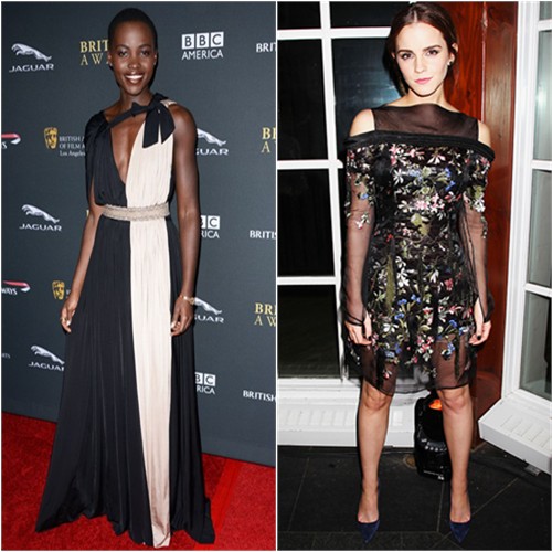 Lupita's gown by Lanvin; Emma's dress by Erdem, shoes by Roger Vivier