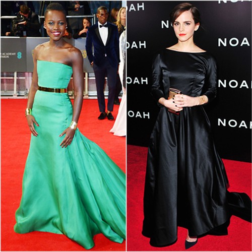 Lupita's gown by Christian Dior; Emma's gown by Oscar de la Renta, purse by Roger Vivier, shoes by Christian Louboutin
