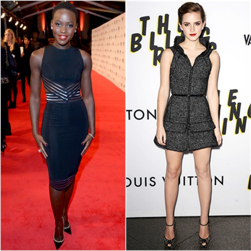 Lupita's dress by Christopher Kane, shoes by Christian Louboutin; Emma's dress by Chanel, shoes by Giuseppe Zanotti