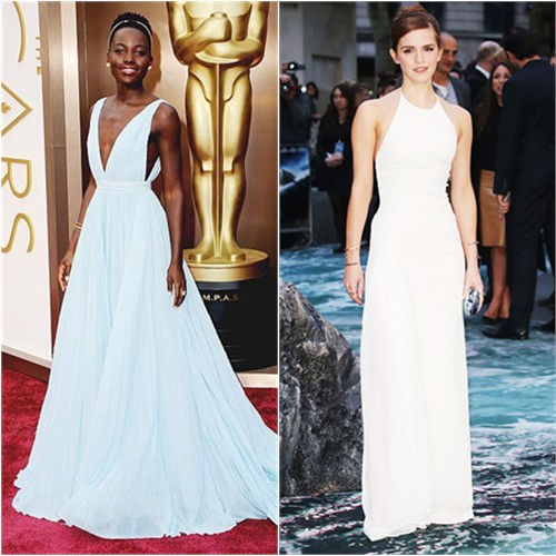 Lupita's gown by Prada; Emma's gown by Ralph Lauren, purse by Jimmy Choo