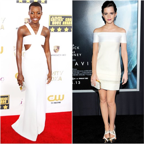 Lupita's gown and purse by Calvin Klein; Emma's dress and shoes by J. Mendel