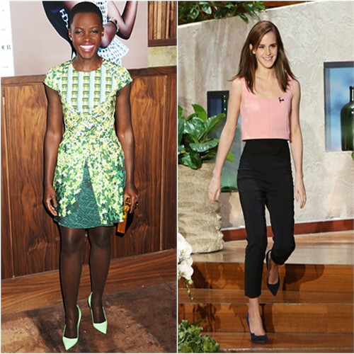 Lupita's dress by Peter Pilotto, purse by Michael Nelson, shoes by Manolo Blahnik; Emma's top and pants by Osman