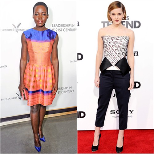 Lupita's dress by Vivienne Westwood, purse by Salvatore Ferragamo, shoes by Christian Louboutin; Emma's top by Roland Mouret, pants by 3.1 Phillip Lim, shoes by Salvatore Ferragamo