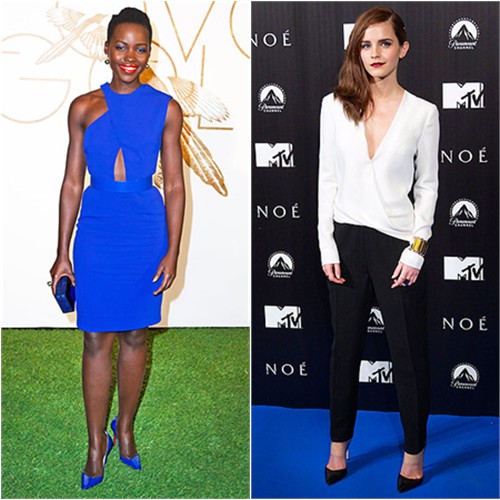 Lupita's dress by Stella McCartney, purse by Rauwolf, shoes by Christian Louboutin; Emma's jumpsuit by J. Mendel, shoes by Giavito Rossi